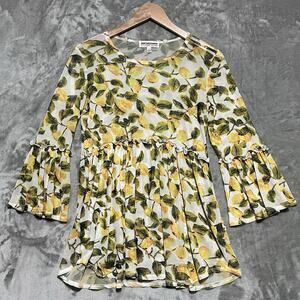 Mishca Lemon Print Mesh Bell Sleeve‎ Peplum Top Womens S Yellow Stretch Novelty